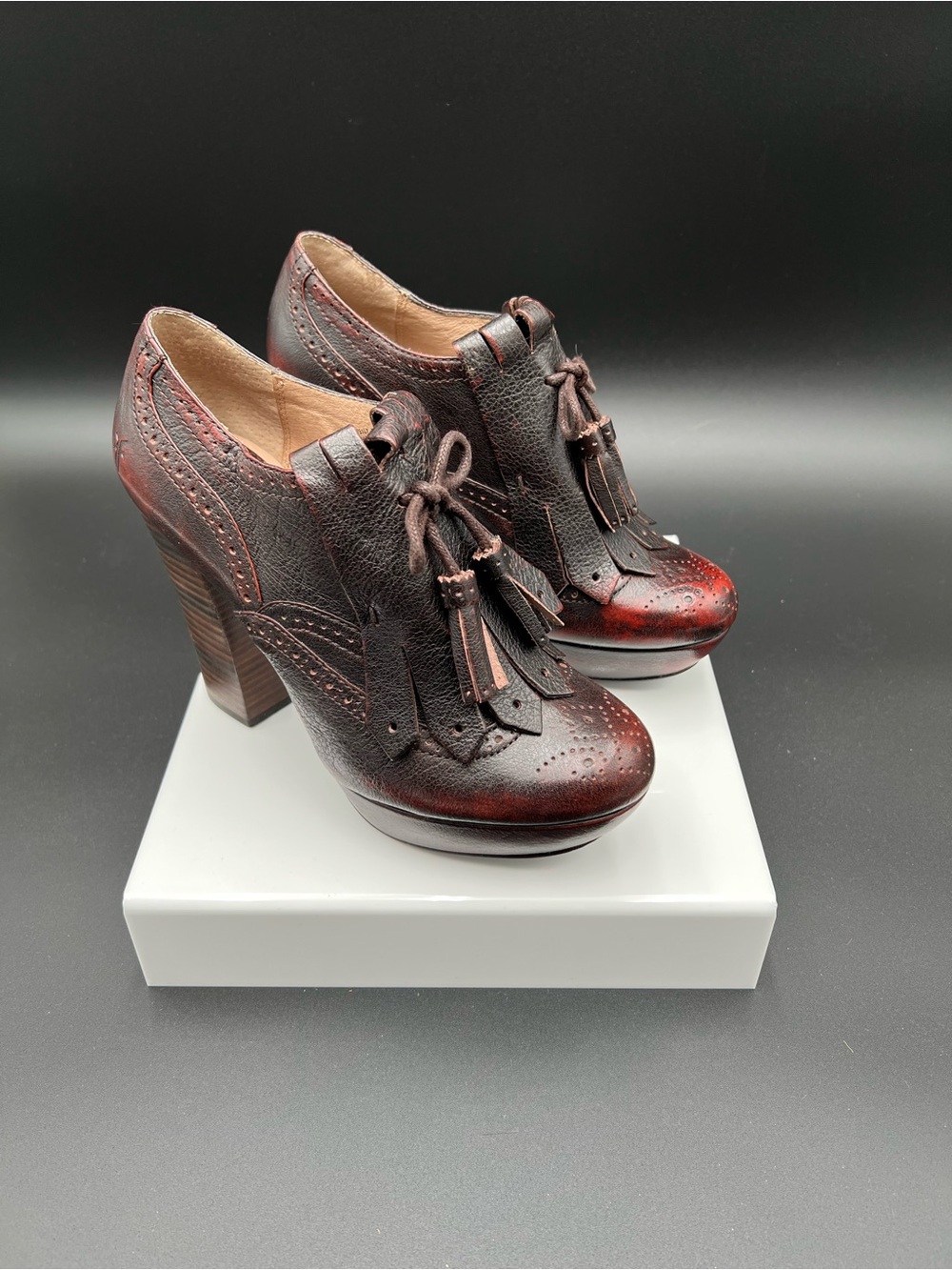 Frye Burgundy and Dark Brown Tassel Brogue Block Heel Oxfords